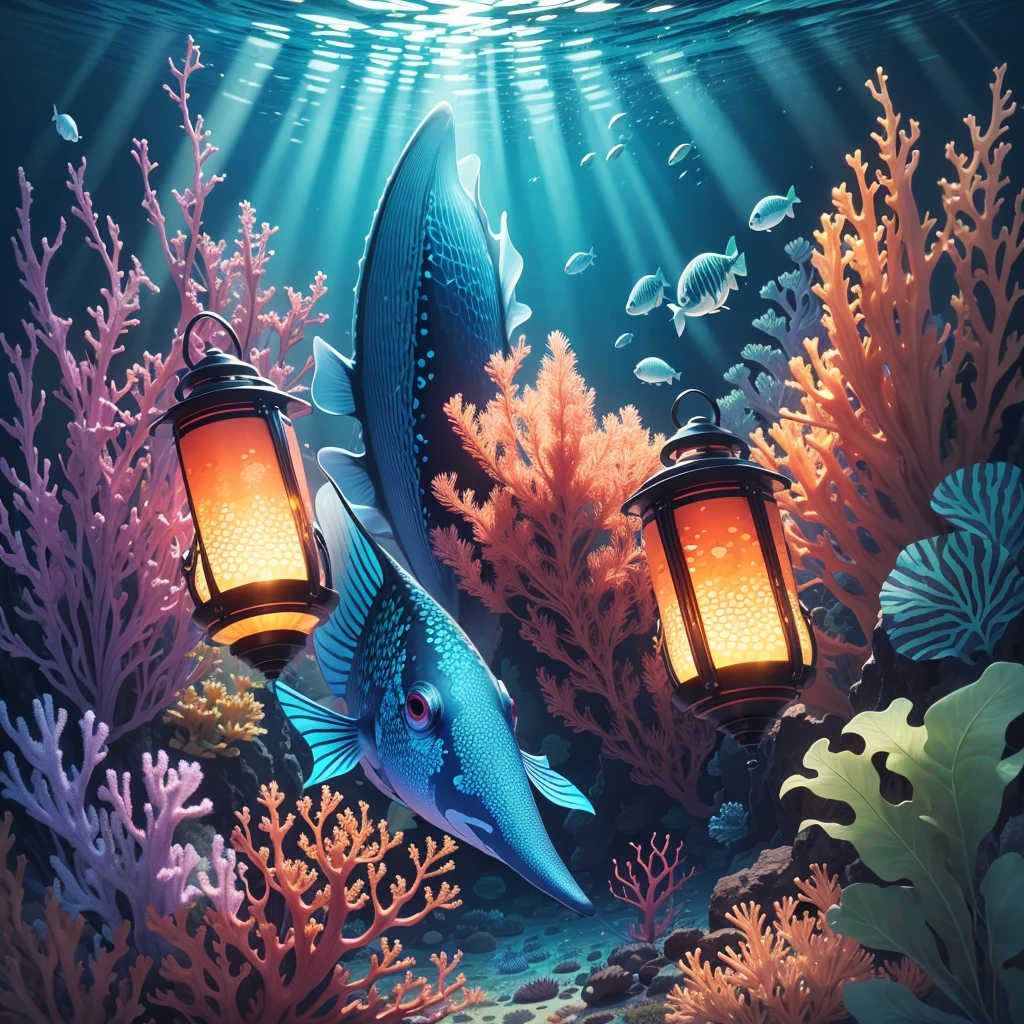 (best quality, highres:1.2), vector graphics, chrome Lantern Fish, detailed scales, vibrant colors, underwater scene, realistic lighting, glowing eyes, shimmering fins, underwater plants, colorful coral reef, depth of field, ocean depths, bio-luminescence