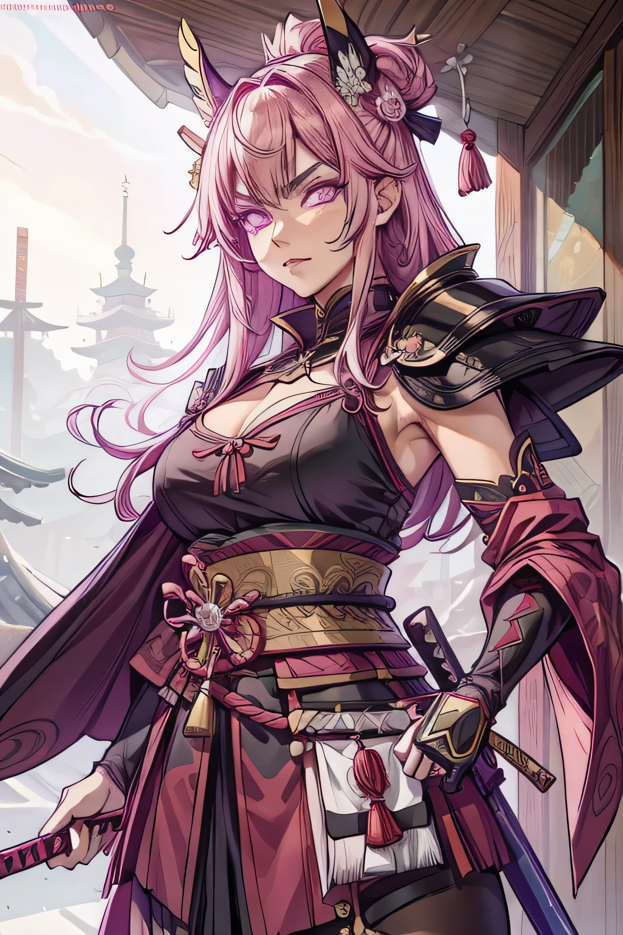 mulher, samurai, paleta de cores rosa, cabelo longo, cabelo rosa pink, cores rosa forte, armadura, armadura samurai, obra de arte, melhor qualidade, 4k, segurando espada japonesa, segurando katana, katana, full samurai armor, rosto tranquilo, olhos azuis.
