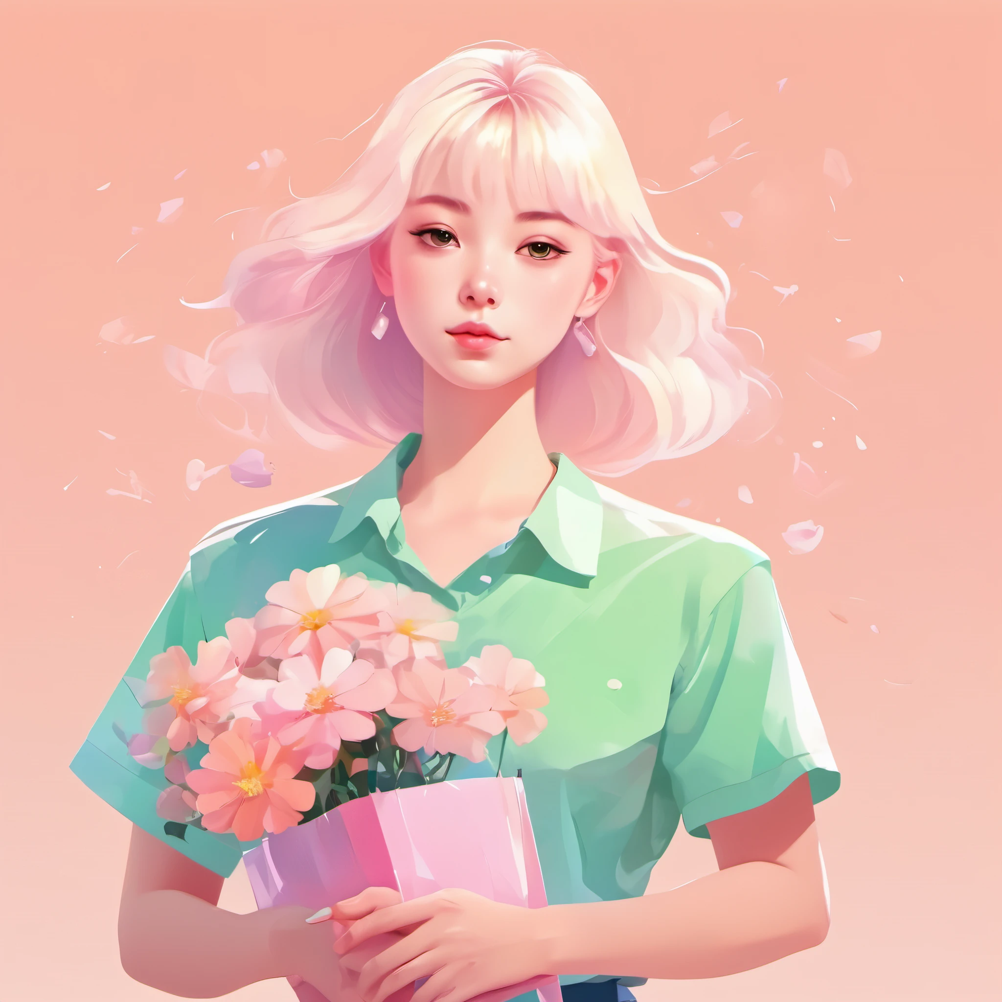 flat illustration，Minimalism，Geometry，abstract Memphis，anime portrait，close shot，holding a bouquet of flowers in hand，focus on face， wearing light green shirt，Short pink skirt，Holding flowers in hand，Light pink canvas bag on shoulder，Long platinum blonde hair，Lane Blue Background，style expression，celluloid
