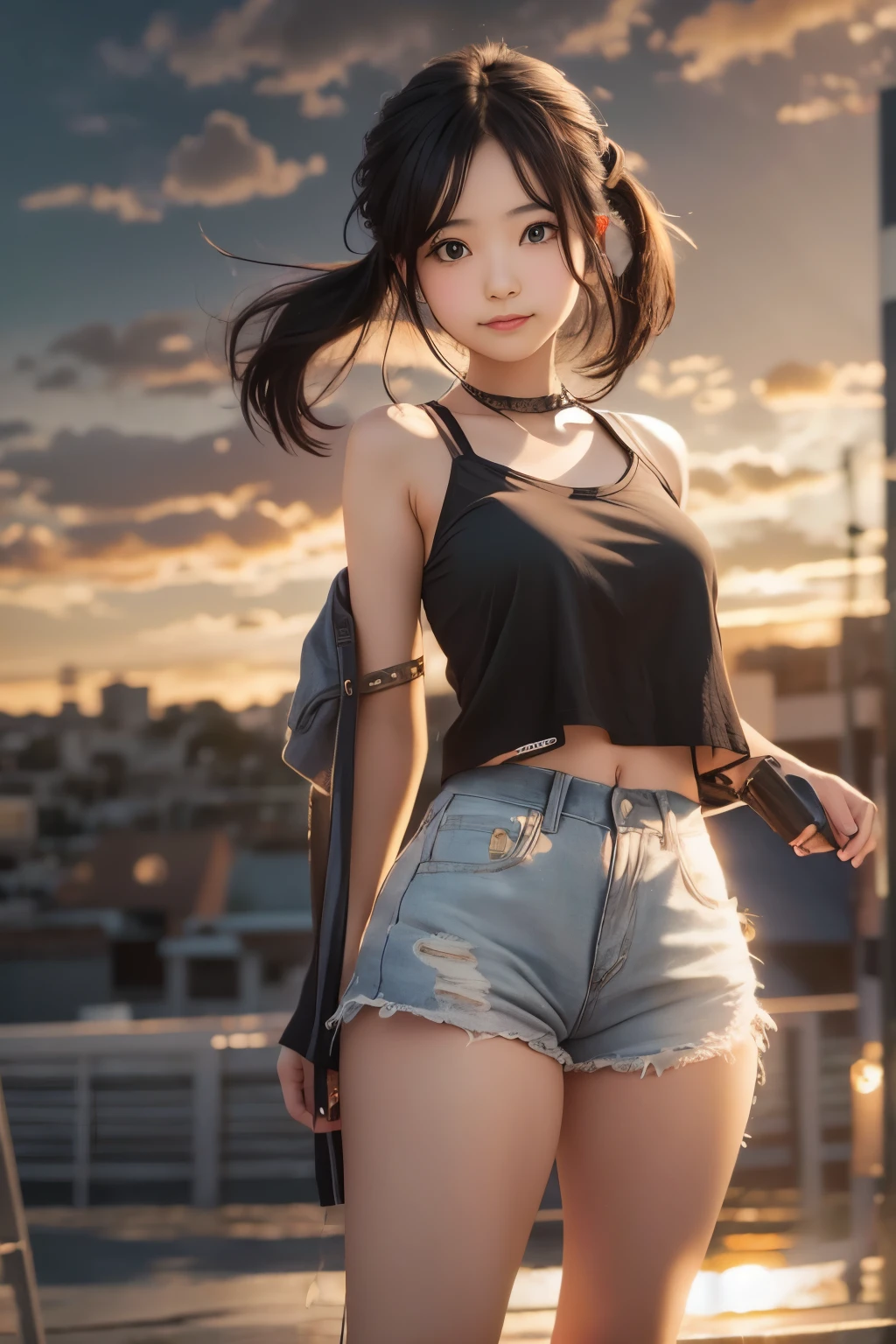 1 girl, photo model, smile, focus on the audience, beautiful lighting, highest quality, masterpiece, ultra high resolution, realistic, black hair, short tank top, shorts, long stockings, medium breasts, white skin,( sunset background:1.4)