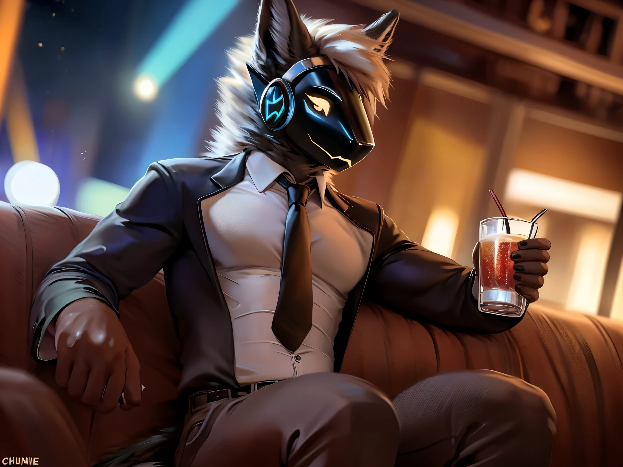 posted on e621, (by Chunie), Protogen,solo,masculine, Blue fur with White stripes on the tips, Slim body, full body like, at a nightclub, Hitman wear, Black suit, Red tie, Sitting on the sofa, a cup of alcoholic drink, Abstract beauty, ultra detailed face, depth of field, motion blur, high details, high quality, award winning, HD, 16k, (best quality,4k,8k,highres,masterpiece:1.2),ultra-detailed,realistic:1.37,HDR,UHD,studio lighting,extreme detail description,professional,vivid colors,bokeh,lively atmosphere, natural lighting