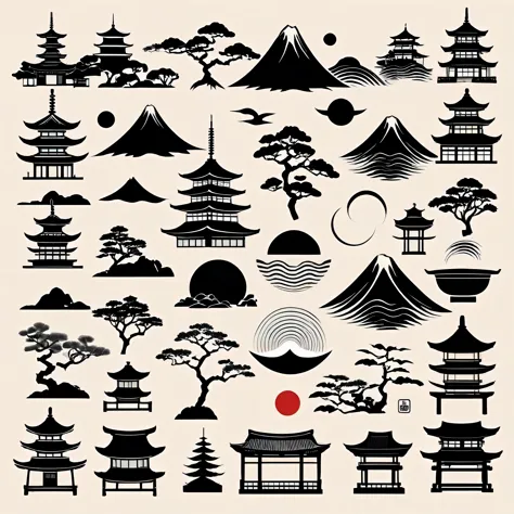 Vector art, Japanese pictogram collection, design sheet style, (Masterpiece), (Best Quality), (Ultra high Detailes)