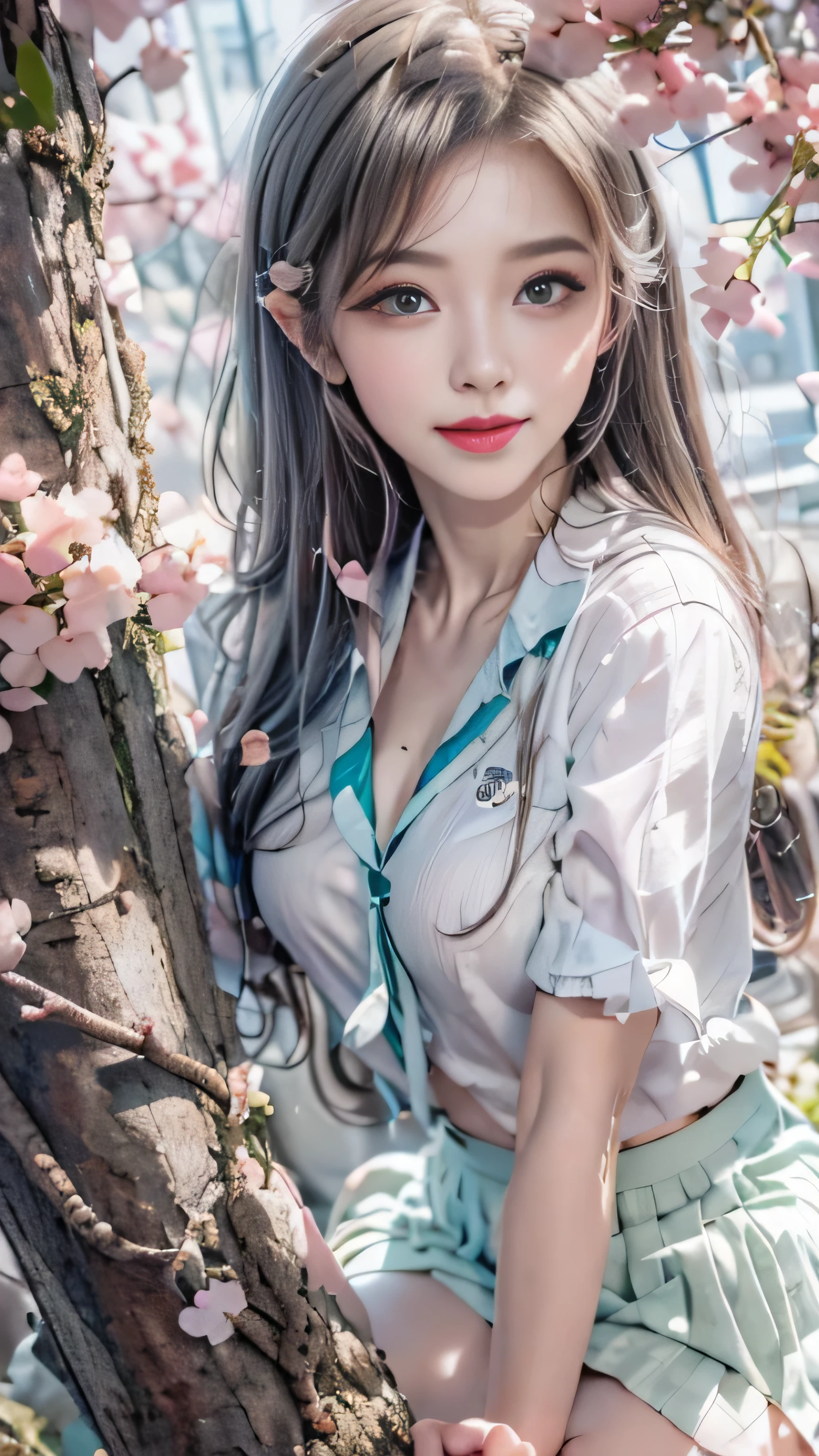 ((girl sitting on a row of cherry blossom trees)),top quality work，Real work，Ultra premium graphics，8K HD CG Works，high quality graphics，High-definition CG works，10x pixels，super fine details：1.1，Advanced technical details：1.1Photo-realistic，indoor lighting effects：1.5，Natural light：1.5. light effect（virtual light effect：1.8），超A high resolution，shiny red dress，長いsilver hair，silver hair，transparent hair，high detail hair（premium hair detail：1.1）clear eyes，beautiful double eyelids，sharp eye makeup, delicate eyelash makeup, thin eyebrows, highly detailed eyes，high nose, nice red lips, rose cheeks, A face with delicate makeup , cute face, perfectly proportioned face,（Advanced facial details：1.1），shiny，wonderful dress，bright red series，(white blazer) 、(white blouse)、(red bow tie)、(checked skirt)、（My skirt flies up in the wind)、white panties are visible、girls 、photo shoot，woman&#39;artwork of，full body figure，Realism，wonderful，My eyes are shining today、(smile),(Cherry blossom petals are dancing)、((In a blizzard of flowers))、(smile),