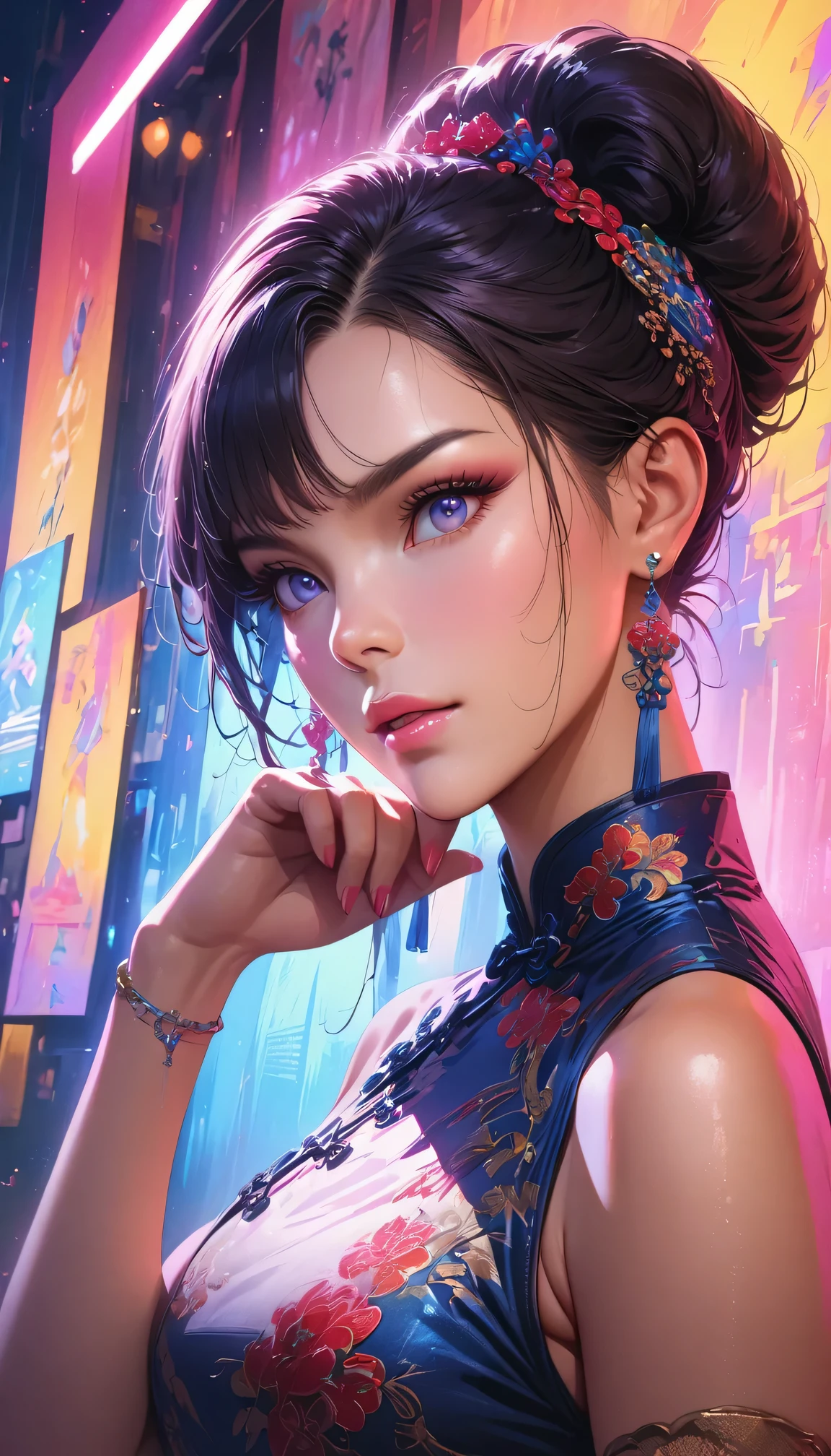 (best quality,4k,8k,highres,masterpiece:1.2),ultra-detailed,(realistic,photorealistic,photo-realistic:1.37),fashion magazine cover:3D Barbie doll wearing a Chinese cheongsam,illustration,high fashion,beautiful detailed eyes,beautiful detailed lips,long eyelashes,fabulous makeup,vibrant colors,pose,glamorous background,stylized lighting,editorial style,Chinese cultural elements,exquisite embroidery,detailed patterns,modern twist,feminine charm,sophisticated,futuristic,chic hairstyle,elaborate accessories,alluring,wearing stylish high heels,luxurious fabric,graceful movement,confident expression,ethereal ambiance,colorful composition,impeccable attention to detail,modern elegance,expressive eyes,dramatic lighting,seamless blending,artistic flair,rich textures,immaculate fashion sense,colored lights,sensual ambiance,bold fashion statement,portrait style,stylish composition