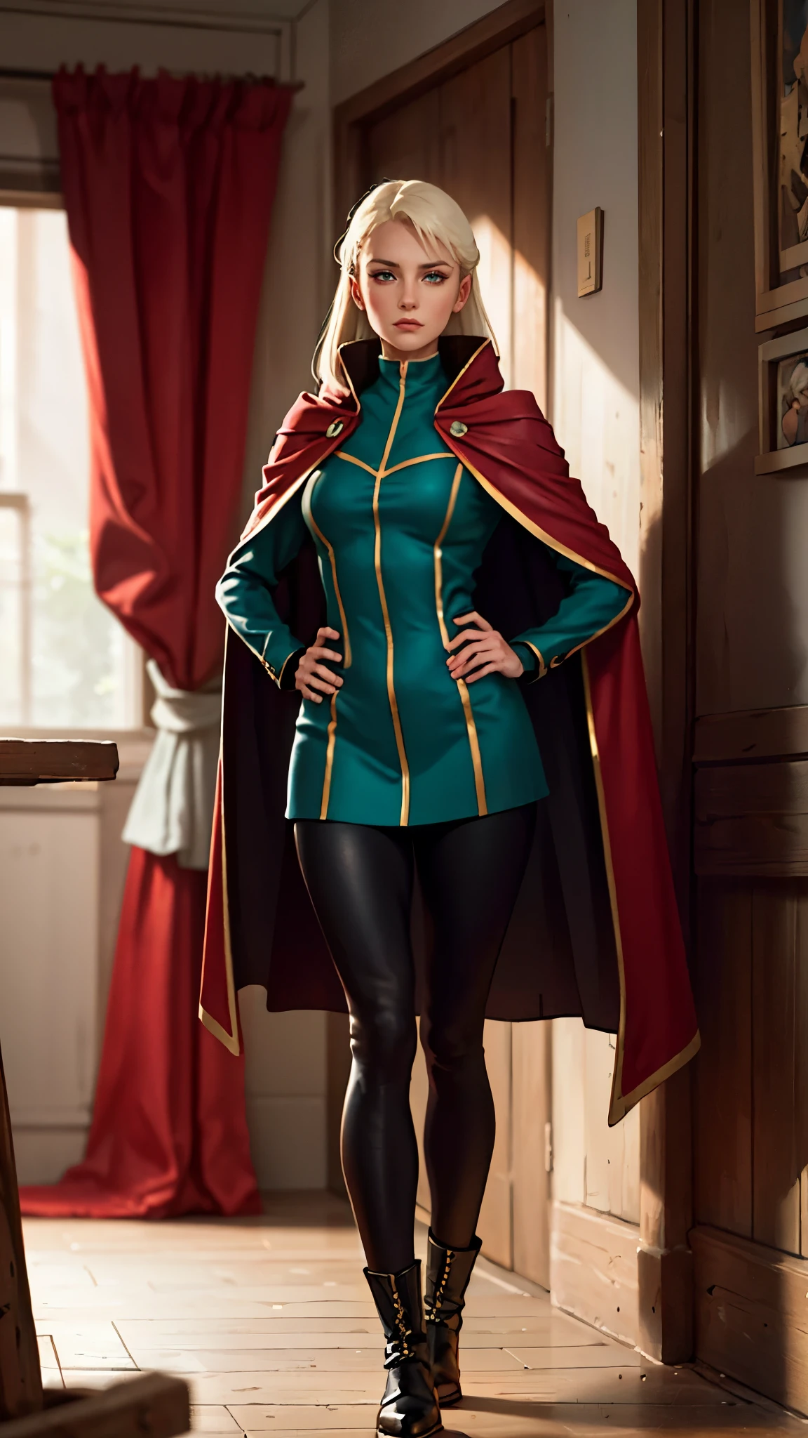 A woman with long platinum blonde hair, choppy bangs, arched crescent eyebrows, sharp and determined eyes, a delicate oval face, a serious expression, a fantasy-style dark green military coat, draped with a dark red cloak, military trousers, leather combat boots, silver greaves leggings, one hand on her hip, standing in a spacious training ground, this character embodies a finely crafted fantasy-style female military officer in anime style, exquisite and mature manga art style, pale skin, high definition, best quality, highres, ultra-detailed, ultra-fine painting, extremely delicate, professional, perfect body proportions, golden ratio, anatomically correct, symmetrical face, extremely detailed eyes and face, high quality eyes, creativity, RAW photo, UHD, 32k, Natural light, cinematic lighting, masterpiece-anatomy-perfect, masterpiece:1.5