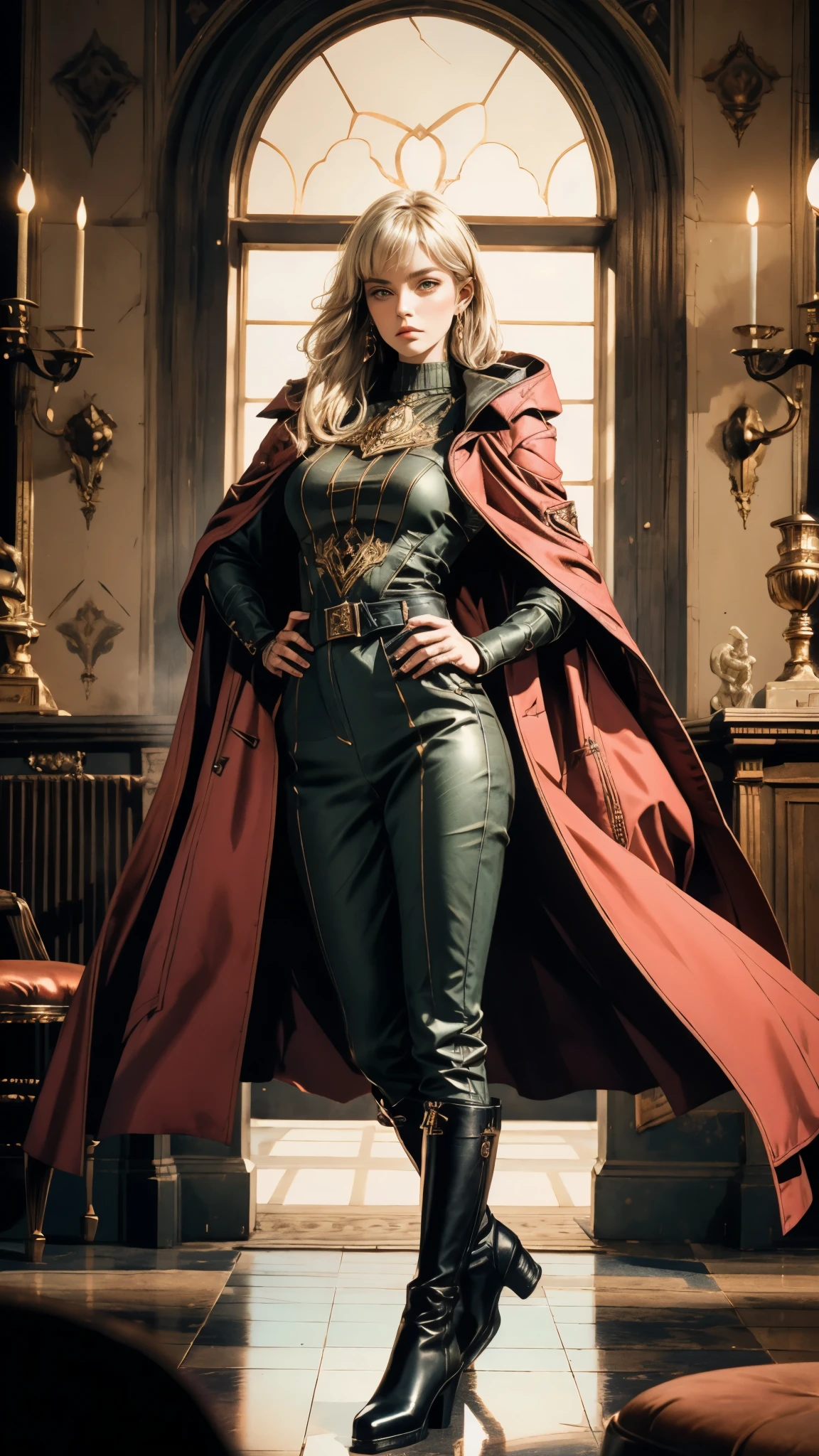 A woman with long platinum blonde hair, choppy bangs, arched crescent eyebrows, sharp and determined eyes, a delicate oval face, a serious expression, a fantasy-style dark green military coat, draped with a dark red cloak, military trousers, leather combat boots, silver greaves leggings, one hand on her hip, standing in a spacious training ground, this character embodies a finely crafted fantasy-style female military officer in anime style, exquisite and mature manga art style, pale skin, high definition, best quality, highres, ultra-detailed, ultra-fine painting, extremely delicate, professional, perfect body proportions, golden ratio, anatomically correct, symmetrical face, extremely detailed eyes and face, high quality eyes, creativity, RAW photo, UHD, 32k, Natural light, cinematic lighting, masterpiece-anatomy-perfect, masterpiece:1.5