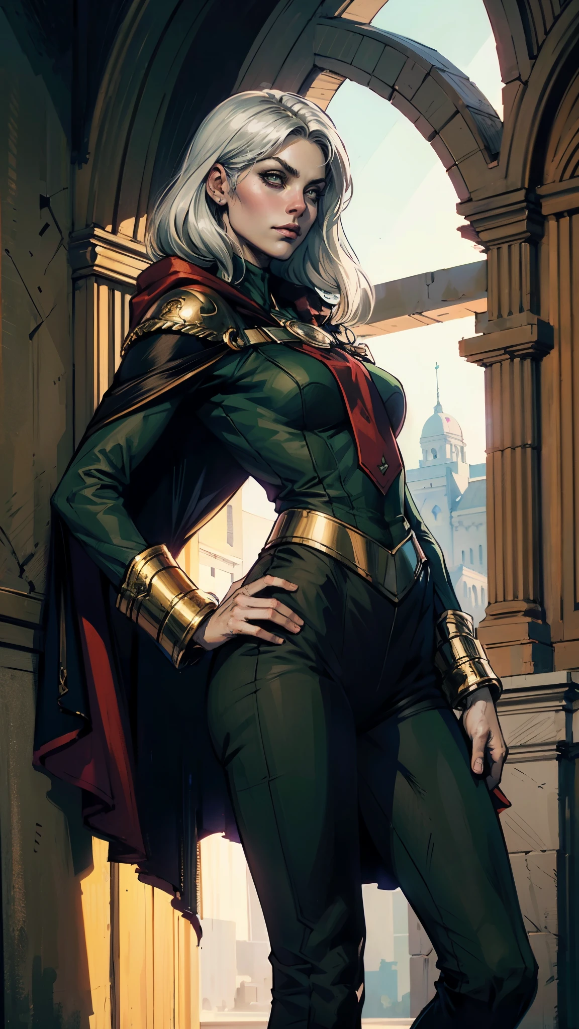 A woman with long platinum blonde hair, choppy bangs, arched crescent eyebrows, sharp and determined eyes, a delicate oval face, a serious expression, a fantasy-style dark green military coat, draped with a dark red cloak, military trousers, leather combat boots, silver greaves leggings, one hand on her hip, standing in a spacious training ground, this character embodies a finely crafted fantasy-style female military officer in anime style, exquisite and mature manga art style, pale skin, high definition, best quality, highres, ultra-detailed, ultra-fine painting, extremely delicate, professional, perfect body proportions, golden ratio, anatomically correct, symmetrical face, extremely detailed eyes and face, high quality eyes, creativity, RAW photo, UHD, 32k, Natural light, cinematic lighting, masterpiece-anatomy-perfect, masterpiece:1.5