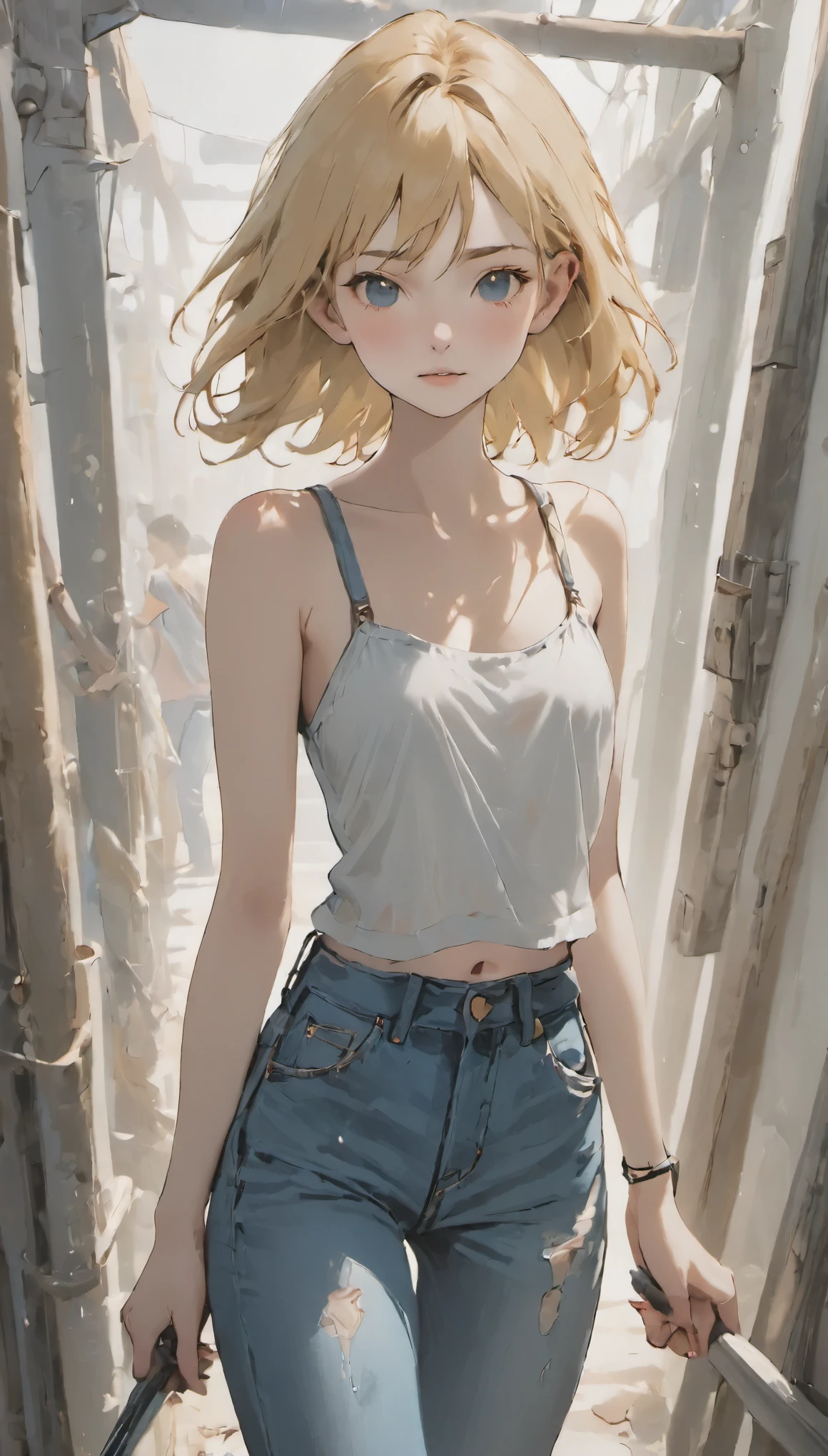 (((dirtyアパートのソファに座っている))),21 year old girl in grunge style,full body photo,white tube top,blonde,tight denim jeans,barefoot,fascinating,freckles,messy hair,Thoroughly,analog style,female focus,highest quality,(very detailed skin),perfect face,skin pole oke:0.6),sharp focus,dappled lighting,(Backlight:0.7),film grain,Sony A7R IVで撮影,18mmF/1.7 cine lens,(very detailed, intricately detailed),8K,HDR,Front view,(I can see the whole body:1.2) . textured,I&#39;m in pain,vintage,edgy,punk rock vibe,dirty,noisy,bad anatomy,, Learn more about Ultra-HD