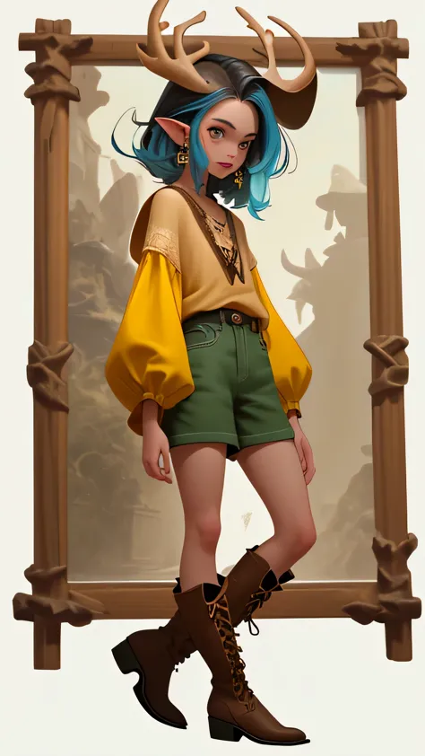Un chico con orejas de elfo de cabello largo ondulado color amarillo , usando un top corto y shorts corto rasgado , cowboy boots...