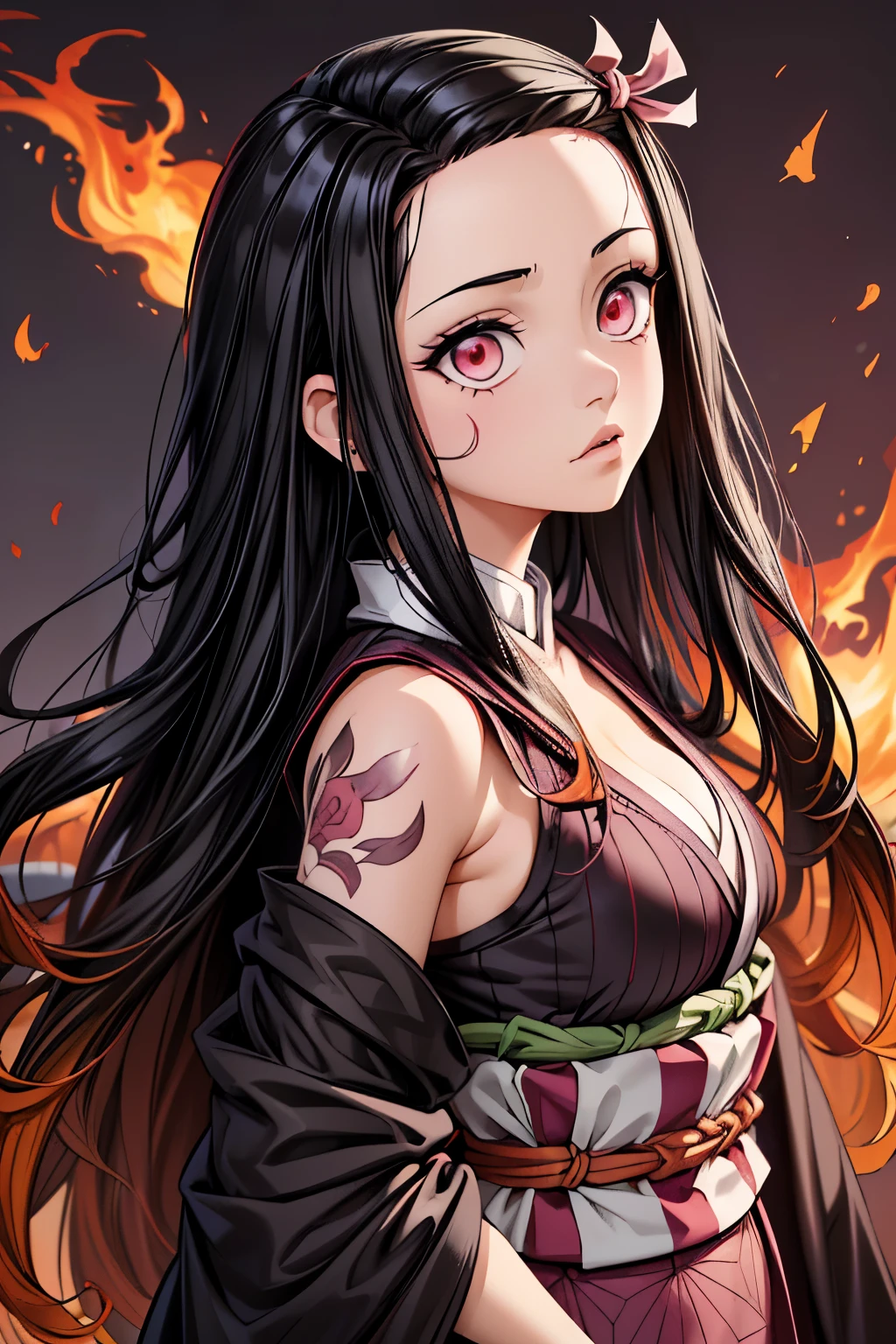 (Ultra Real), (Illustration), (High Resolution), (8K), (Very Detailed), (Best Illustration), (Beautiful Detailed Eyes), (Best Quality), (Ultra Detailed), (Masterpiece), (Wallpaper), (Detailed Face), Night Up Upper Body, ,Long Hair,Solo,Simple Kimono Top Girl, Sweaty, Japan Person, (fire) Nezuko Kamado, Red Eyes,  (Nezuko, Nezuko-chan, Demon Slayer art style, kimetsu no yaiba), (Nezuko, in her demon form,  she has leaf tattoos running down her erotic sexy body), Demon Slayer rui fanart, wielding kunai, Marin Kitagawa Fanart, clean and detailed anime art, a very beautiful berserker woman, by Kamagurka, professional art, perfect detail, (Nezuko kamado na her demonic form showing her giant, hairy , based on the Demon Slayer kimetsu no yaiba),flat chest