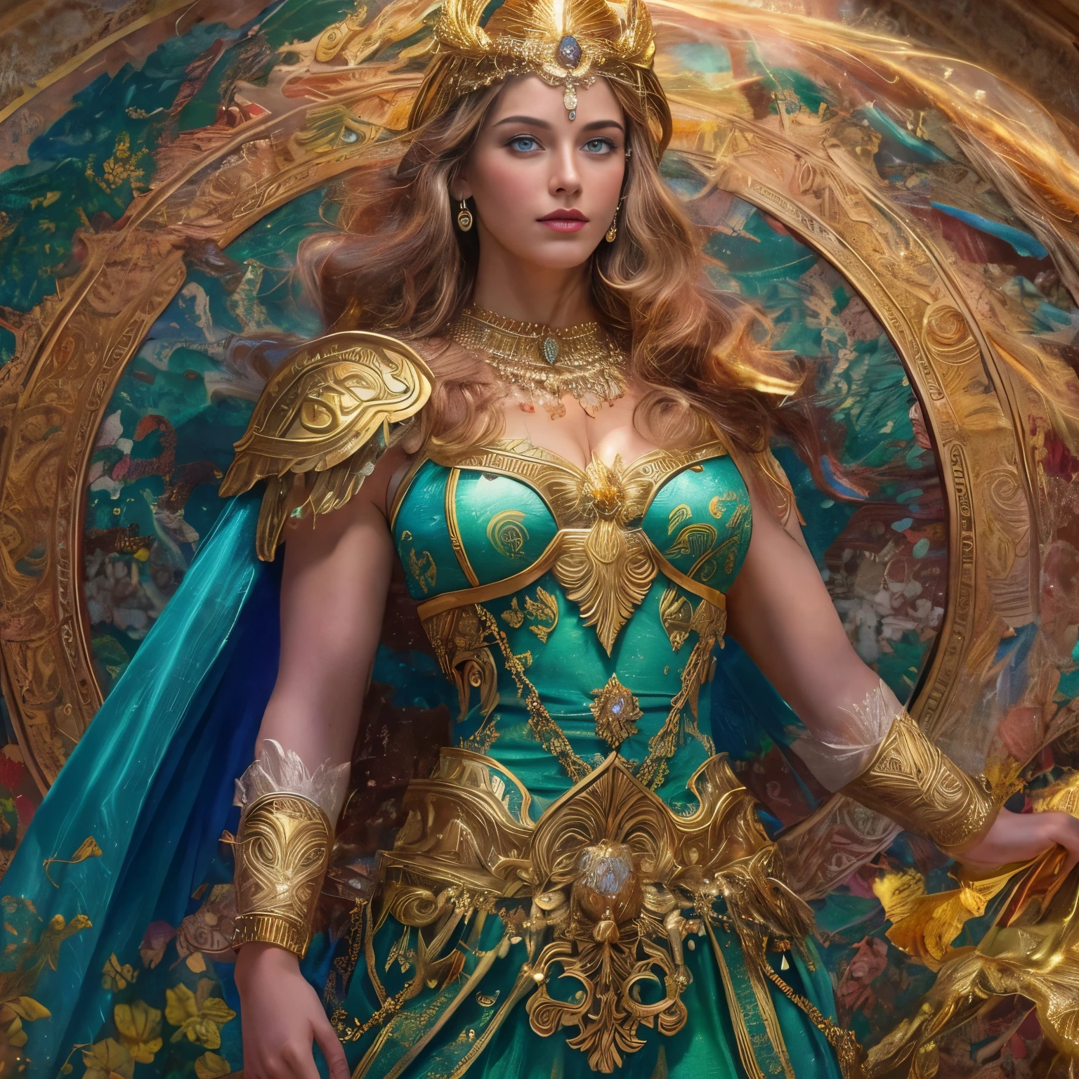 (Best Quality, 4K, 8K, High Resolution, Masterpiece: 1.2), Super Detailed, Realistic, Photorealistic: 1.37, Beautiful goddess of war Athena, elegant armor, flowing golden hair, powerful features, striking blue eyes , a powerful physique, a graceful posture, a gentle countenance, a golden laurel wreath, a shimmering shield adorned with a majestic owl, an ornate spear with intricate carvings, a divine aura surrounding her, a divine light that illuminates the battlefield. Beautiful light, ancient ruins in the background, swirling clouds reminiscent of lightning, landscapes with majestic rolling hills and tall cypresses, vivid colors reminiscent of golden sunlight, and a realistic photography style with careful attention to detail. It is a masterpiece.