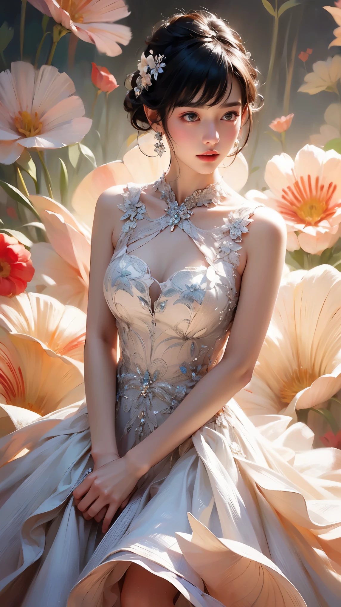 masutepiece, Best quality, (1womanl), Ultra-detailed, finedetail, A high resolution, 8K picture quality, hyper HD, Perfect dynamic composition, Beautiful detailed eyes,  Natural lips, Orange and white floral knitted dress, extra very short hair, abstract backgrounds, is shy, Diffused neon in the background,