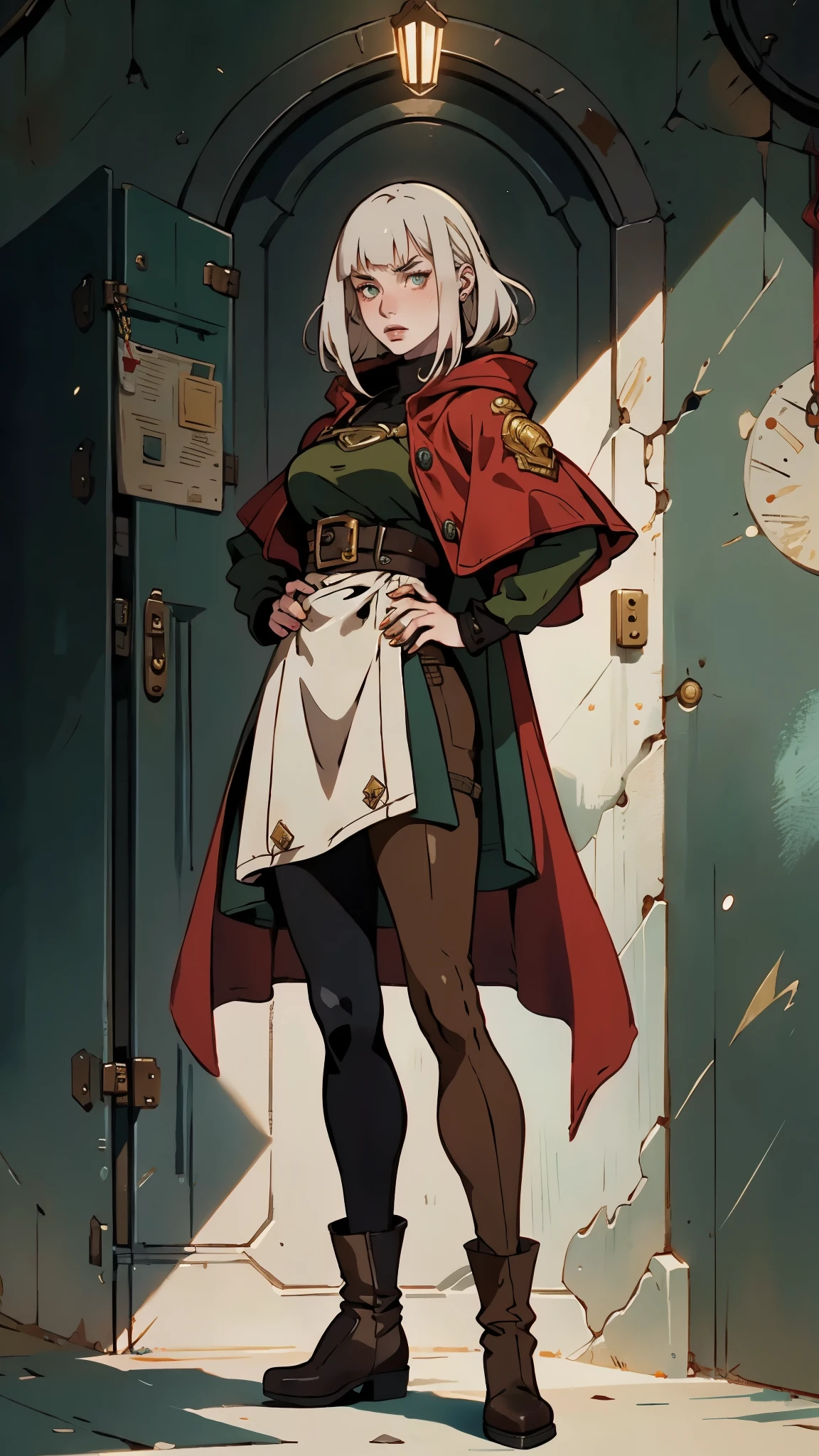 A woman with long platinum blonde hair, choppy bangs, arched crescent eyebrows, sharp and determined eyes, a delicate oval face, a serious expression, a fantasy-style dark green military coat, draped with a dark red cloak, military trousers, leather combat boots, silver greaves leggings, one hand on her hip, standing in a spacious training ground, this character embodies a finely crafted fantasy-style female military officer in anime style, exquisite and mature manga art style, pale skin, high definition, best quality, highres, ultra-detailed, ultra-fine painting, extremely delicate, professional, perfect body proportions, golden ratio, anatomically correct, symmetrical face, extremely detailed eyes and face, high quality eyes, creativity, RAW photo, UHD, 32k, Natural light, cinematic lighting, masterpiece-anatomy-perfect, masterpiece:1.5