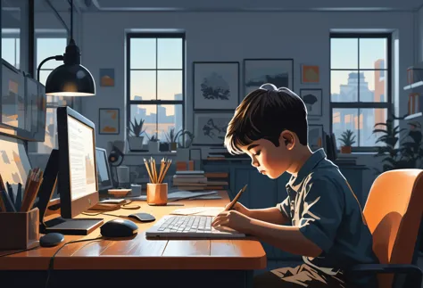 （（（Vector illustration））），Flat coating，（（Celluloid style）），（children illustration），side view，Programmer working in front of office，（（minimalist art）），8K，masterpiece，Rich details