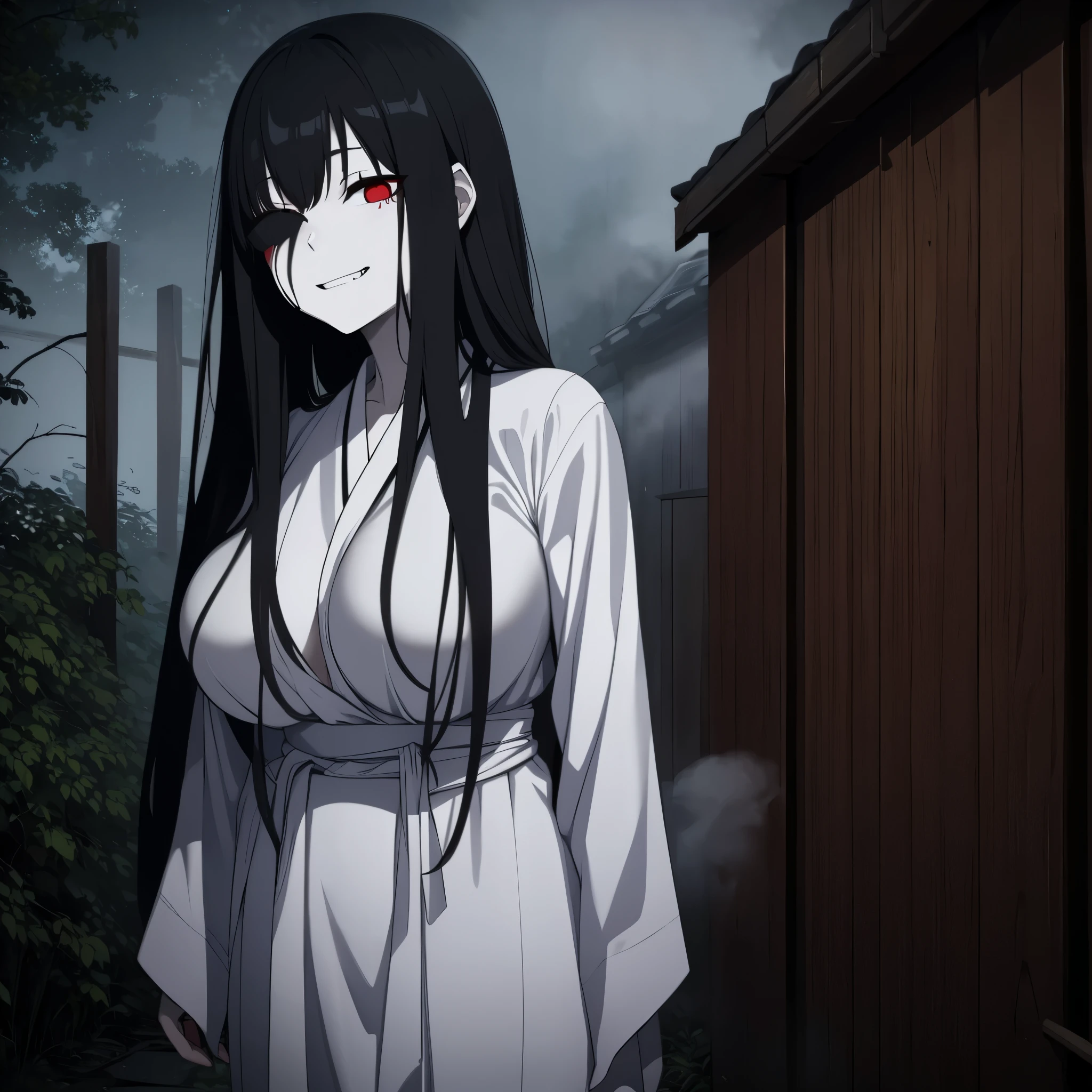 Anime girl with long black hair and red eyes standing in front of a wooden  fence - SeaArt AI