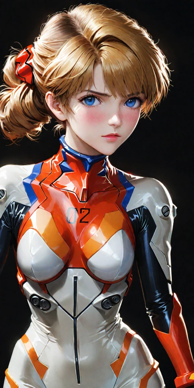 diy9，full body，A lifesize statue of Asuka Langley Shikinami from "Neon Genesis Evangelion" characterized by intricate detail and realistic features, including chignon mahogany hair, a plug suit, a face with a very detailed blush, suspended on a black background, a testament to the craftsmanship of the statue maker, German-American mixed heritage, EVA pilot with attitude, blonde hair, blue eyes, athletic, confident, intelligent, driven, competitive spirit, strong pride, fluency in English, German, Japanese, raised in America, daughter of a German mother and an American father, proud of her EVA piloting skills, fights against Angels with determination, hides emotional vulnerability beneath a tough exterior, dreams and fears, relationship with Shinji Ikari, role in the Evangelion project, intense battles with Angels, feelings about NERV and its goals, impact of parent's divorce, hopes for future, masterpiece, photorealistic, best lighting, depth of field, detailed character.
