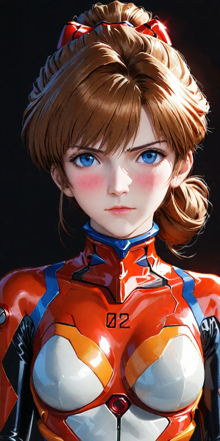 diy9，A lifesize statue of Asuka Langley Shikinami from "Neon Genesis Evangelion" characterized by intricate detail and realistic features, including chignon mahogany hair, a plug suit, a face with a very detailed blush, suspended on a black background, a testament to the craftsmanship of the statue maker, German-American mixed heritage, EVA pilot with attitude, blonde hair, blue eyes, athletic, confident, intelligent, driven, competitive spirit, strong pride, fluency in English, German, Japanese, raised in America, daughter of a German mother and an American father, proud of her EVA piloting skills, fights against Angels with determination, hides emotional vulnerability beneath a tough exterior, dreams and fears, relationship with Shinji Ikari, role in the Evangelion project, intense battles with Angels, feelings about NERV and its goals, impact of parent's divorce, hopes for future, masterpiece, photorealistic, best lighting, depth of field, detailed character.
