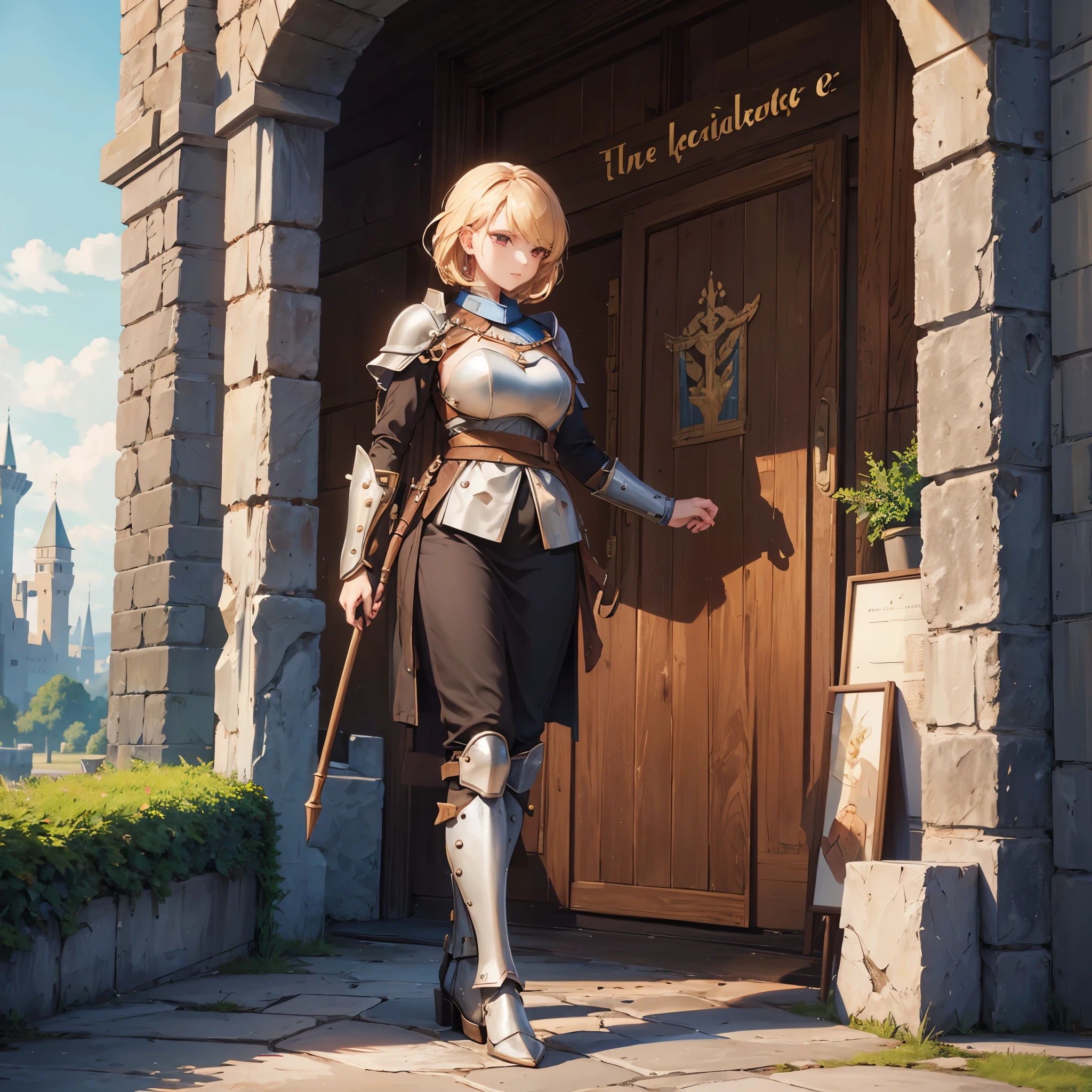 A woman in medieval armor from the 1200s, custom armor, outside a medieval castle, stone floor, short blonde hair, red eyes,very detailed, masterpiece, ultra resolution, perfect quality, 4k hd.
