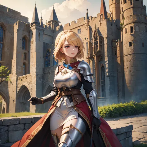A woman in medieval armor from the 1200s, custom armor, outside a medieval castle, stone floor, short blonde hair, red eyes,very...