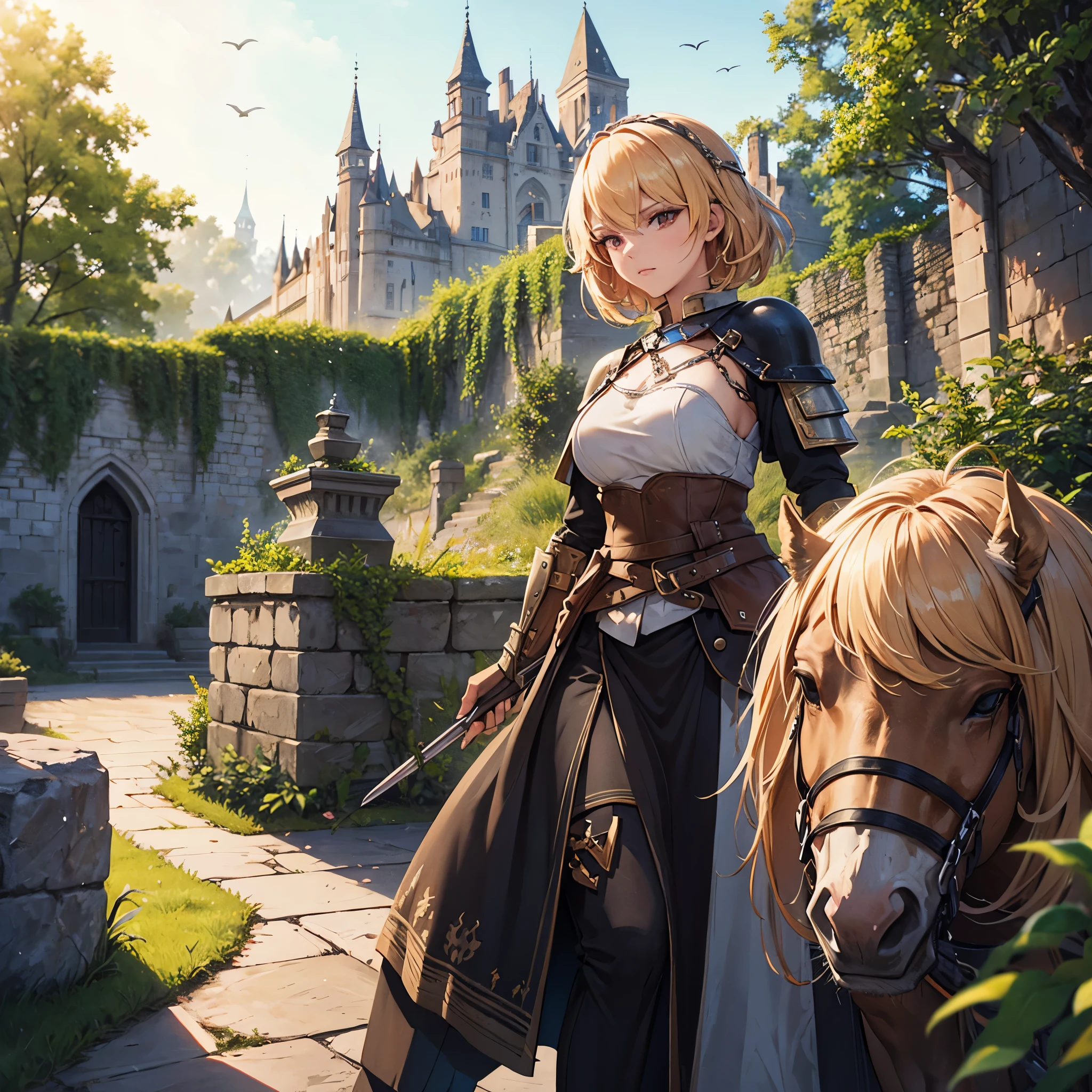 A woman in medieval armor from the 1200s, custom armor, outside a medieval castle, stone floor, short blonde hair, red eyes,very detailed, masterpiece, ultra resolution, perfect quality, 4k hd.
