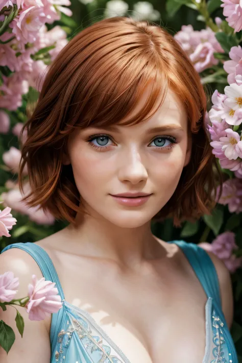 masterpiece, european woman, (bryce dallas howard: 0.5), 20 years, young, short hair, vivid orange hair, shy, cute, playful smil...