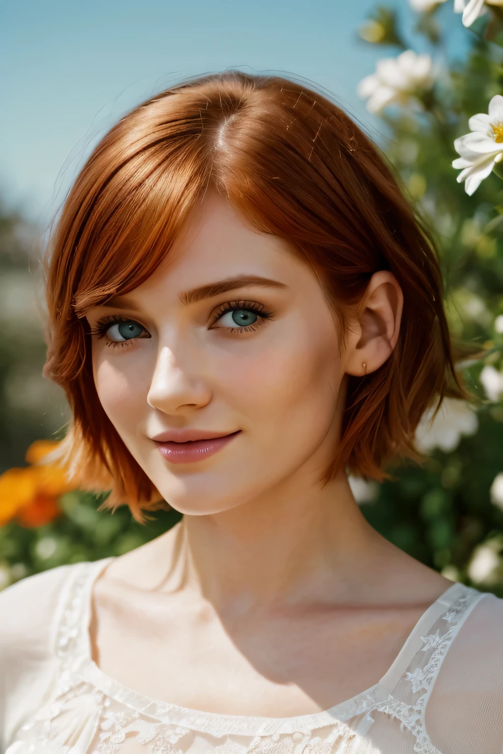 Masterpiece, european woman, (Bryce Dallas Howard: 0.5), 20 years, young, short hair, vivid orange hair, shy, cute, playful smile, high detail face, high detail skin, delicate colorful dress, (high detail eyes:1.3), (small breasts:1.2), (strong athletic body), garden wiith colorful flowers background, (UHD, 8K wallpaper, High resolution), Cinematic lighting, award-winning, extremely white detailed skin, extra detailed face, high detail eyes, photo-realistic, Zeiss 85 mm F/1.4, by Ellen von Unwerth
