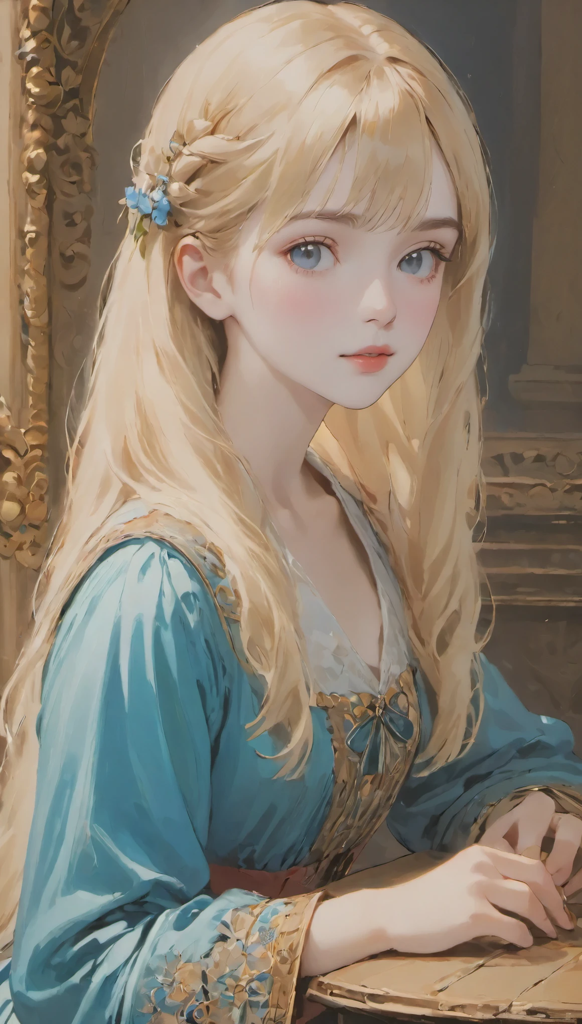 table top, highest quality, very delicate and beautiful girl,very delicate and beautiful, world masterpiece theater, Super detailed, very detailed, highest quality, blonde hair, High resolution, very detailed,1 girl, highest quality, shape, looking at the viewer, Material, canvas, Oil, genuineistic, realist ,genuine,