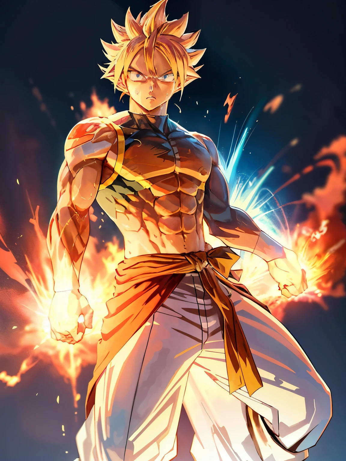 Goku in Ultra Instinct, eine epische Anime-Darstellung eines Energiemannes, 4K Manga-Hintergrundbild, Super Saiyajin blau, Anime-Hintergrundbild 4k, hochdetailliertes Porträt, menschlicher Goku, muskulöser Körperbau, straffe Bauchmuskeln und schlanker Körper, blonde Haare stehen zu Berge, Intensiver Fokus, durchdringende blaue Augen, kraftvolle Aura, übertriebene Muskeldefinition, jede Ader und Muskelfaser tritt hervor, Schweiß tropft von seinem Körper, entschlossener Ausdruck, Ultra Instinct Aura, die von seinem Wesen ausgeht.