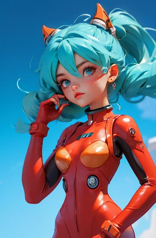 blind box,simple background,mecha，souryuu_asuka_langley, plugsuit, bodysuit, interface headset, red bodysuit, hair between eyes, pilot suit