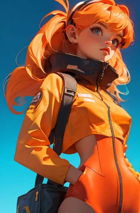 blind box,simple background,mecha，souryuu_asuka_langley, plugsuit, bodysuit, interface headset, red bodysuit, hair between eyes, pilot suit