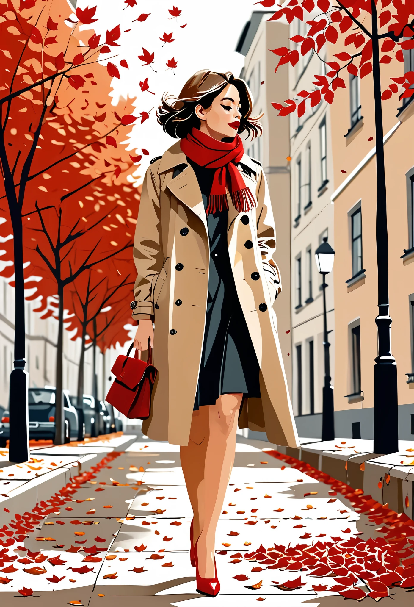 （（（Vector illustration））），Flat coating，（（Celluloid style）），（children illustration），side view，fallen leaves，girl，Beige trench coat，red scarf，High heel，Apartment background，（（minimalist art）），8K，masterpiece，Rich details