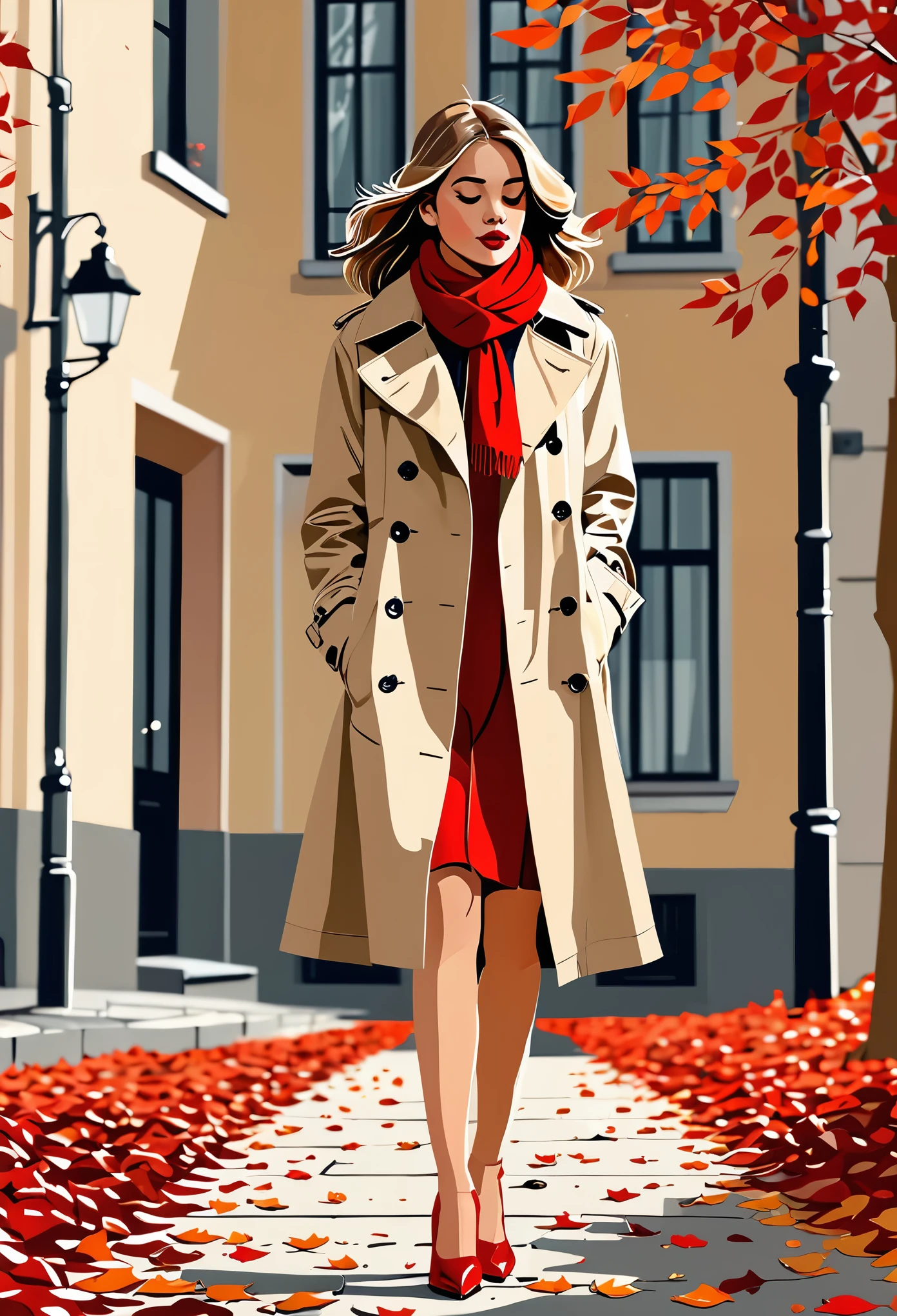 （（（Vektorillustration））），Flache Beschichtung，（（Zelluloid-Stil）），（Kinderillustration），Seitenansicht，Gefallene Blätter，Mädchen，Beige trench coat，roter Schal，hoher Absatz，Wohnung Hintergrund，（（minimalist art）），8K，Meisterwerk，Rich details