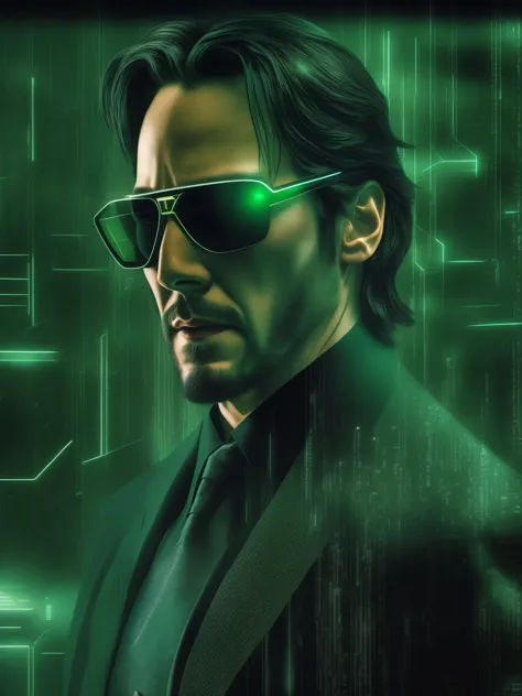(Photorealistic, best quality, high-resolution, ultra-detailed) Neo, portrayed by Keanu Reeves in the neo-Matrix, stands boldly ...