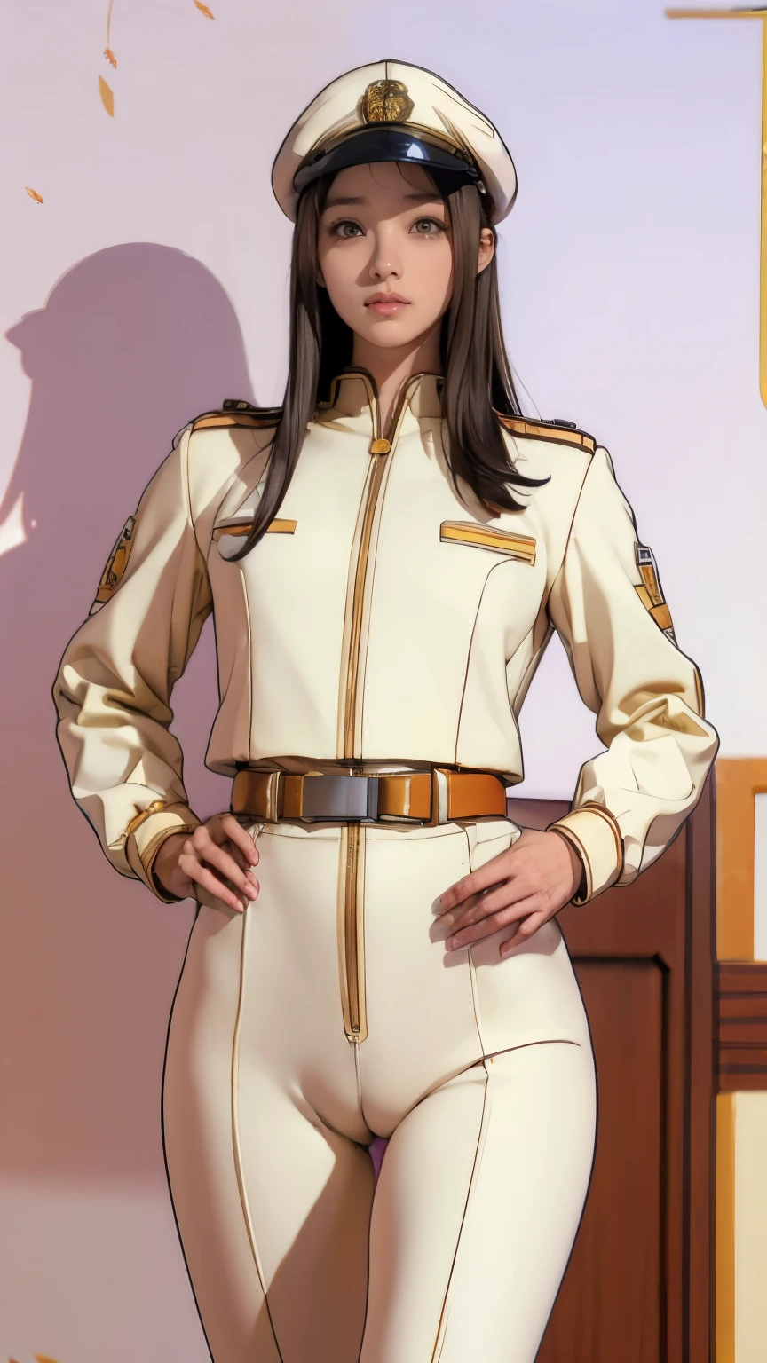 (((masterpiece,best quality,8K,super detailed,High resolution,anime style,Absolutely))),(A female officer of the Earth Federation Army is walking..:1.5),(alone:1.5), (Wearing the Earth Federation Forces:1.5),(Dressed as a federal employee&#39;hat of:1.5),(cute type of girl:1.4),(Detailed facial depiction:1.4),(beautiful hands:1.4),(Hands are very thin:1.2),(wallpaper:1.5),(whole body:1.5),((overlooking:1.5)), ((15 year old Japanese girl, Clothes that fit, white type)), (spaceship interior, There is space outside), (((camel toe)))