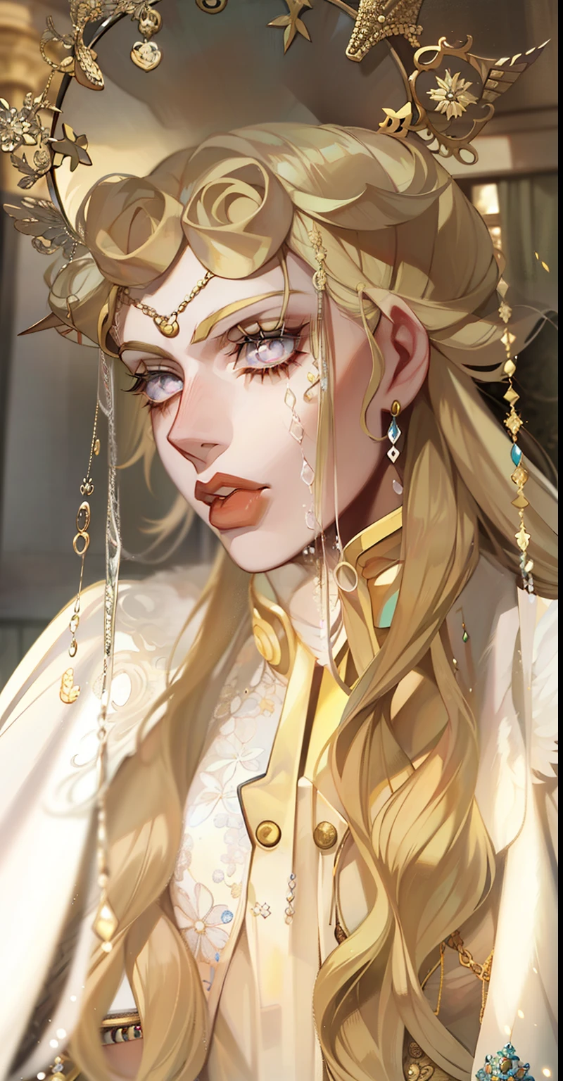 a close up of a female Giorno Giovanna from JoJos Bizzare Adventure with a halo/angelic crown on her head, porcelain pale skin, pale porcelain white skin, fairycore, Jojos bizzare adventure, anime, manga, angelic