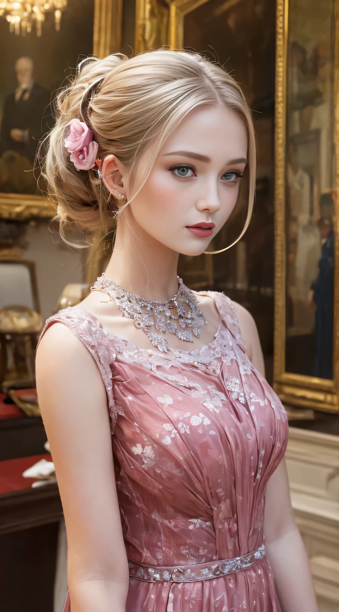 Woman, serious, elegant, pink dress, aristocratic, silver elements, long nails, bare shoulders, hairstyle, hair up, braid and ponytail, messy, arrogant, absurdes, detailed dress, royalty, celebration, hall decorated with flowers, cowboy shot, portrait, (best quality), (masterpiece), (highly detailed), (4k)