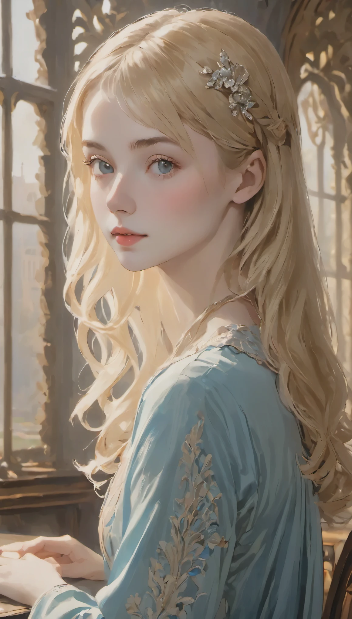 table top, highest quality, very delicate and beautiful girl,very delicate and beautiful, world masterpiece theater, Super detailed, very detailed, highest quality, blonde hair, High resolution, very detailed,1 girl, highest quality, shape, looking at the viewer, Material, canvas, Oil, genuineistic, realist ,genuine,