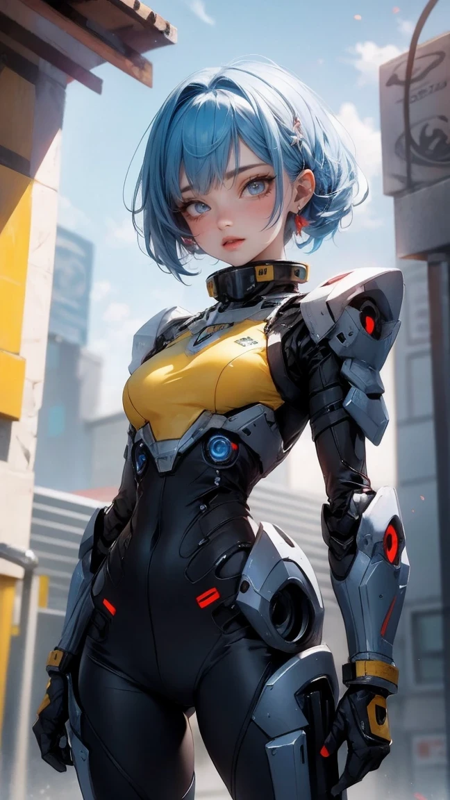 Cute Girl, cowboy shot,(masterpiece:1.3), (best cinematic quality:1.2), (extremely detailed setting:1), (soft+artistic lighting), (1boy), short blue haired, (eyes+yellow+red:1.4), (multicolored eyes+heterochromia), wearing cyberpunk clothes, futuristic, technological, city scenery with (robots around)0.4], giving dramatic scenery.