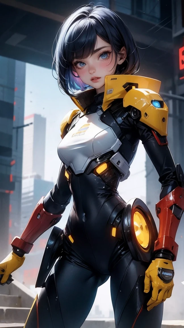 Cute Girl, cowboy shot,(masterpiece:1.3), (best cinematic quality:1.2), (extremely detailed setting:1), (soft+artistic lighting), (1boy), short blue haired, (eyes+yellow+red:1.4), (multicolored eyes+heterochromia), wearing cyberpunk clothes, futuristic, technological, city scenery with (robots around)0.4], giving dramatic scenery.