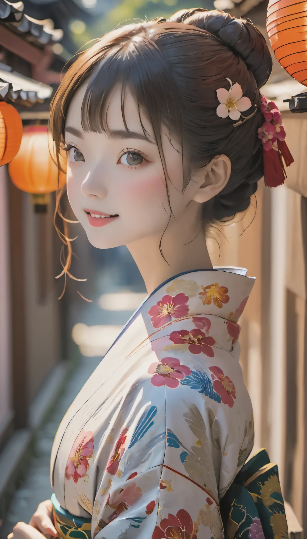 (((film grain、Raw photo)))、one woman、１８talent、unparalleled beauty、beautiful teeth、natural look、small nose、plump lips、Beautiful silky hair bun、Beautiful kimono figure、heavy kimono、yamato nadeshiko、blurred background:1.5、medium depth of field, Photographed with Canon 5D, 50MM lens, f/4 apertures, (very detailed, intricate details), sharp focus, calm colors, 8K、confused, 8mmfilm grain