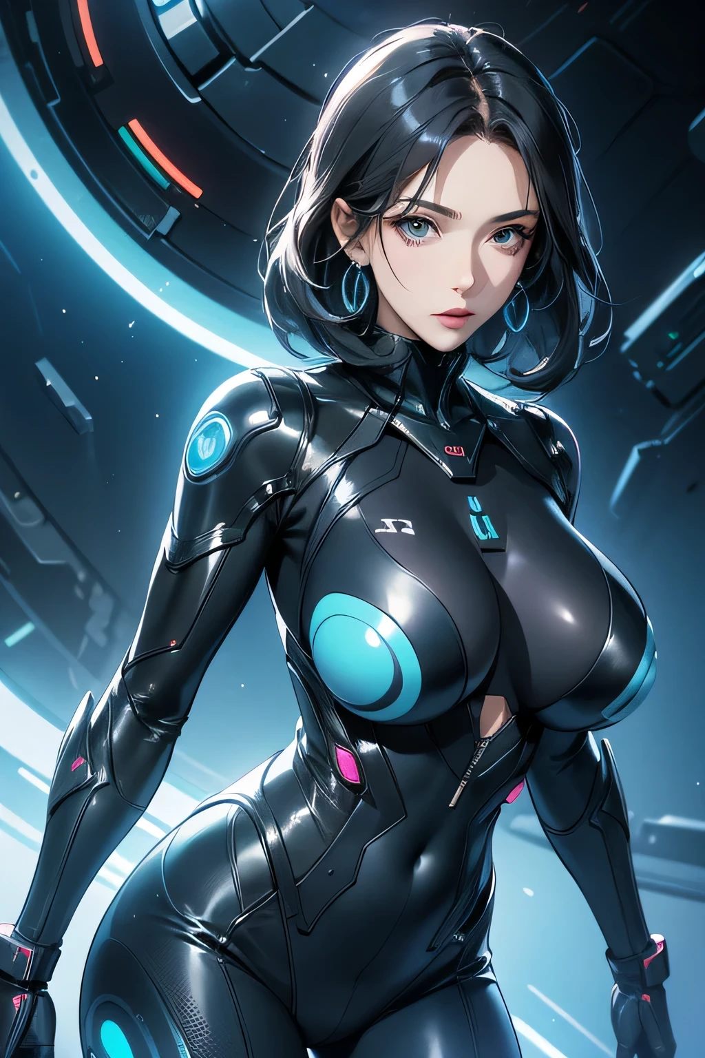 Milf, woman in a futuristic suit, highly detailed face, cool, mom, tomboy, very large breast, (Milf), mature face, (mature female), cybersuit, anime girl wearing tight suit, milfication, Elegant body, navel focus, naked body, gloves, earrings, science fiction, female protagonist, standing, volumetric light, detailed lighting, (detailed textures), oppai cyberpunk, biomechanical oppai, masterpiece, best quality eyes, sci-fi background, futuristic landscape, low angle, (smooth surface), (simple body suit)
