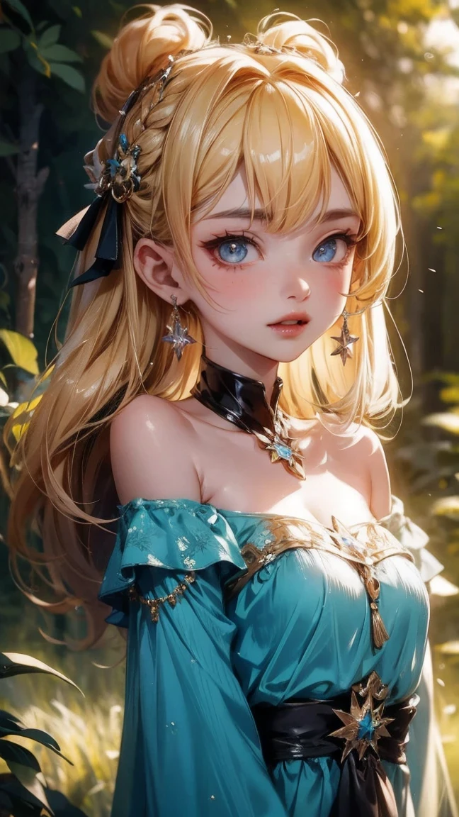 Cute Girl, cowboy shot,masterpiece, best quality, ultra high resolution, Fluorescent color,, 1 girl, looking at the audience, pretty face, beautiful eyes, (Off the shoulder style: 1.2), Looked up, Upper body, forest, shiny hair, shiny skin, Glow Cutting, chibi, Finger proportions are coordinated