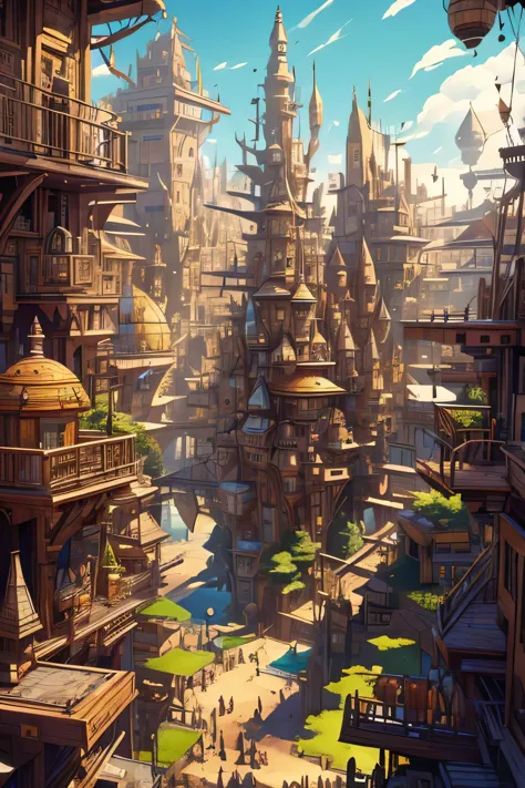 masterpiece, ultra-detailed, best quality, floating city, cog, air balloon,
