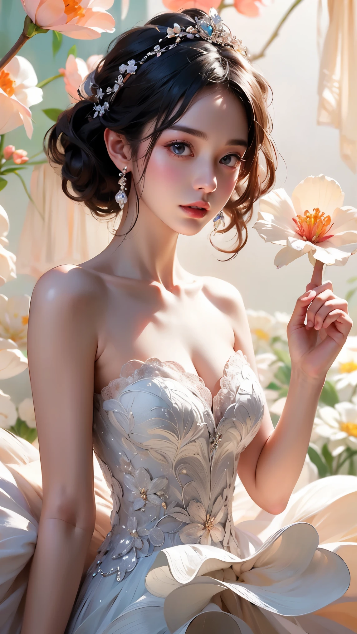 masutepiece, Best quality, (1womanl), Ultra-detailed, finedetail, A high resolution, 8K picture quality, hyper HD, Perfect dynamic composition, Beautiful detailed eyes,  Natural lips, Orange and white floral knitted dress, extra very short hair, abstract backgrounds, is shy, Diffused neon in the background,