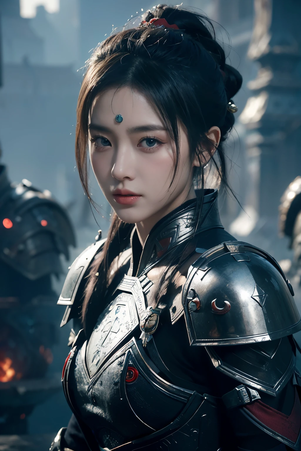 Masterpiece,Game art,The best picture quality,Highest resolution,8K,(Portrait),Unreal Engine 5 rendering works,(Digital Photography),
Girl,Beautiful pupil,(Gradual short hair is blue and red),Busty,(Big breasts),(Portrait photography:1.5),
(A chivalrous woman in Tang Dynasty),Casual hairstyle,Delicate faces,(Full breasts,Big breasts),Serious,Cool and elegant,(Wearing combat armor combined with the characteristics of ancient Chinese clothing,A complex pattern,Mysterious light,Hollow Armor),(Red and black),Ancient fantasy style characters
Movie lights，Ray tracing，Game CG，((3D Unreal Engine))，oc render reflection texture