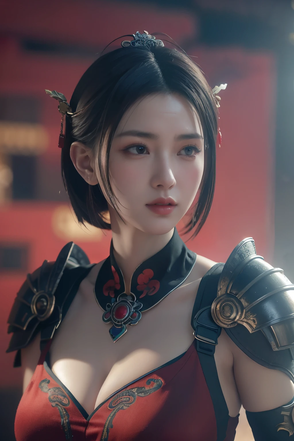 Masterpiece,Game art,The best picture quality,Highest resolution,8K,(Portrait),Unreal Engine 5 rendering works,(Digital Photography),
Girl,Beautiful pupil,(Gradual short hair is blue and red),Busty,(Big breasts),(Portrait photography:1.5),
(A chivalrous woman in Tang Dynasty),Casual hairstyle,Delicate faces,(Full breasts,Big breasts),Serious,Cool and elegant,(Wearing combat armor combined with the characteristics of ancient Chinese clothing,A complex pattern,Mysterious light,Hollow Armor),(Red and black),Ancient fantasy style characters
Movie lights，Ray tracing，Game CG，((3D Unreal Engine))，oc render reflection texture