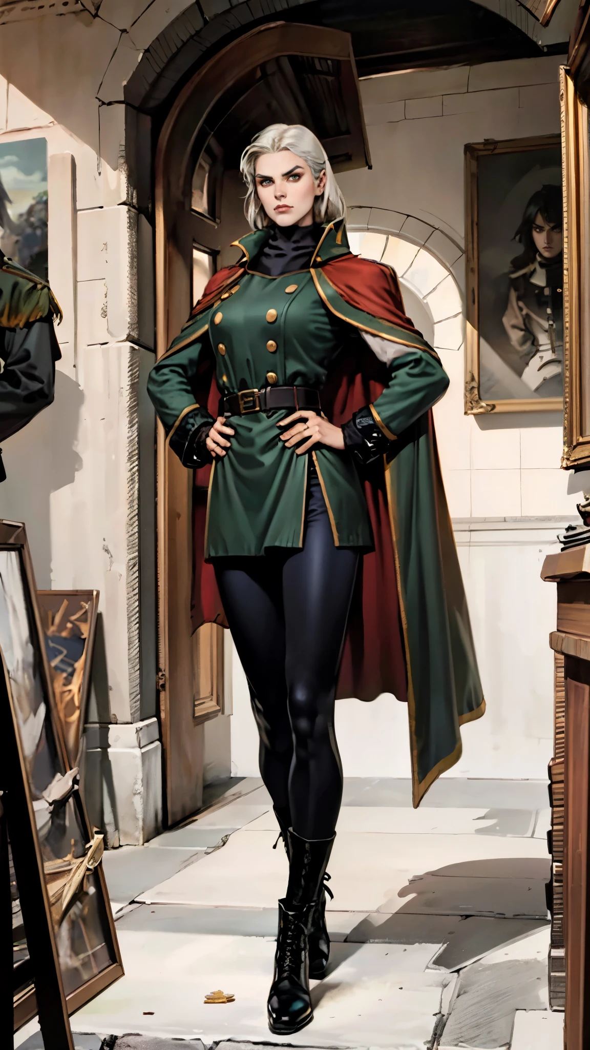 A woman with long platinum blonde hair, choppy bangs, arched crescent eyebrows, sharp and determined eyes, a delicate oval face, a serious expression, a fantasy-style dark green military coat, draped with a dark red waist-length cloak, military trousers, leather combat boots, silver greaves leggings, one hand on her hip, standing in a spacious training ground, this character embodies a finely crafted fantasy-style female military officer in anime style, exquisite and mature manga art style, pale skin, high definition, best quality, highres, ultra-detailed, ultra-fine painting, extremely delicate, professional, perfect body proportions, golden ratio, anatomically correct, symmetrical face, extremely detailed eyes and face, high quality eyes, creativity, RAW photo, UHD, 32k, Natural light, cinematic lighting, masterpiece-anatomy-perfect, masterpiece:1.5