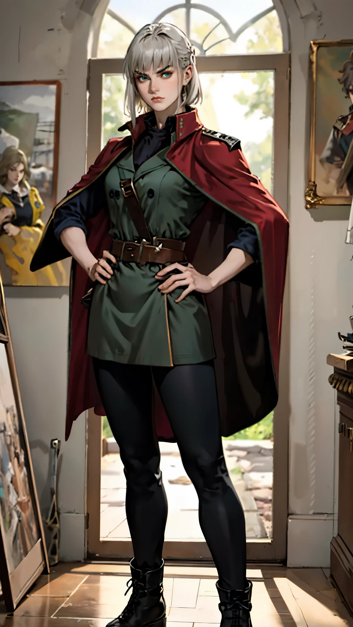 A woman with long platinum blonde hair, choppy bangs, arched crescent eyebrows, sharp and determined eyes, a delicate oval face, a serious expression, a fantasy-style dark green military coat, draped with a dark red waist-length cloak, military trousers, leather combat boots, silver greaves leggings, one hand on her hip, standing in a spacious training ground, this character embodies a finely crafted fantasy-style female military officer in anime style, exquisite and mature manga art style, pale skin, high definition, best quality, highres, ultra-detailed, ultra-fine painting, extremely delicate, professional, perfect body proportions, golden ratio, anatomically correct, symmetrical face, extremely detailed eyes and face, high quality eyes, creativity, RAW photo, UHD, 32k, Natural light, cinematic lighting, masterpiece-anatomy-perfect, masterpiece:1.5