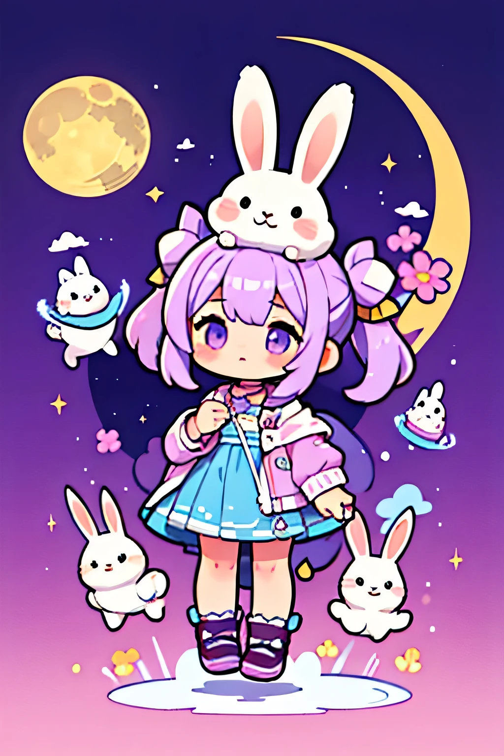 A fat, light purple rabbit stands in the sky., There is a moon with a rabbit&#39;s face in the background.