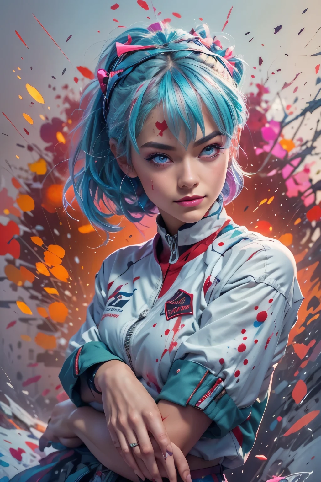 masterpiece portrait of smiling Rei Ayanami (evangelion), evangelion (Hideaki), caustics, high resolution illustration, red eyes, feminine, no pupils, blue hair,  short hair, japanese , loafers, swpunk, synthwave, paint splatters, shaded flat illustration, digital art, trending on artstation, highly detailed, fine detail, intricate, splatter, outrun, vaporware, neon colors